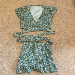 Wrap tie front shirt and ruffle skirt set